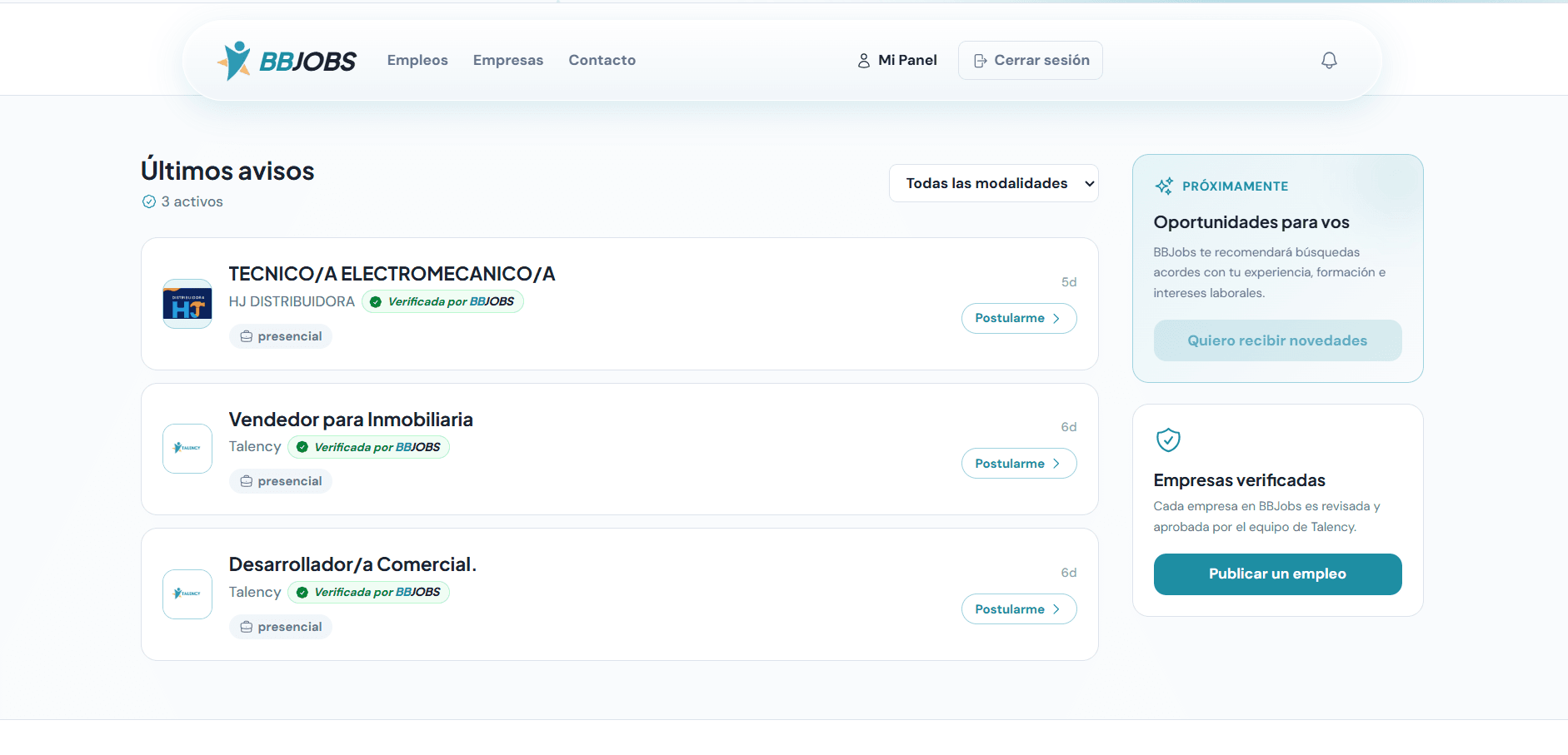 Búsqueda de empleos con filtros por rubro y modalidad.
