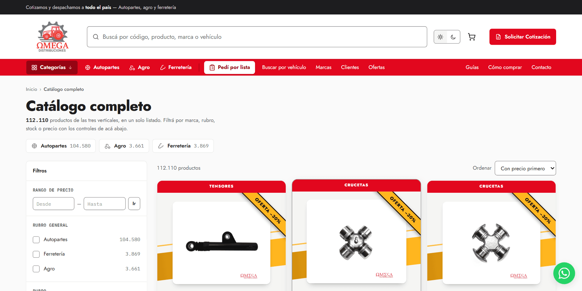 Catálogo completo: los seis mayoristas en un solo listado, con filtros por rubro, precio y marca.