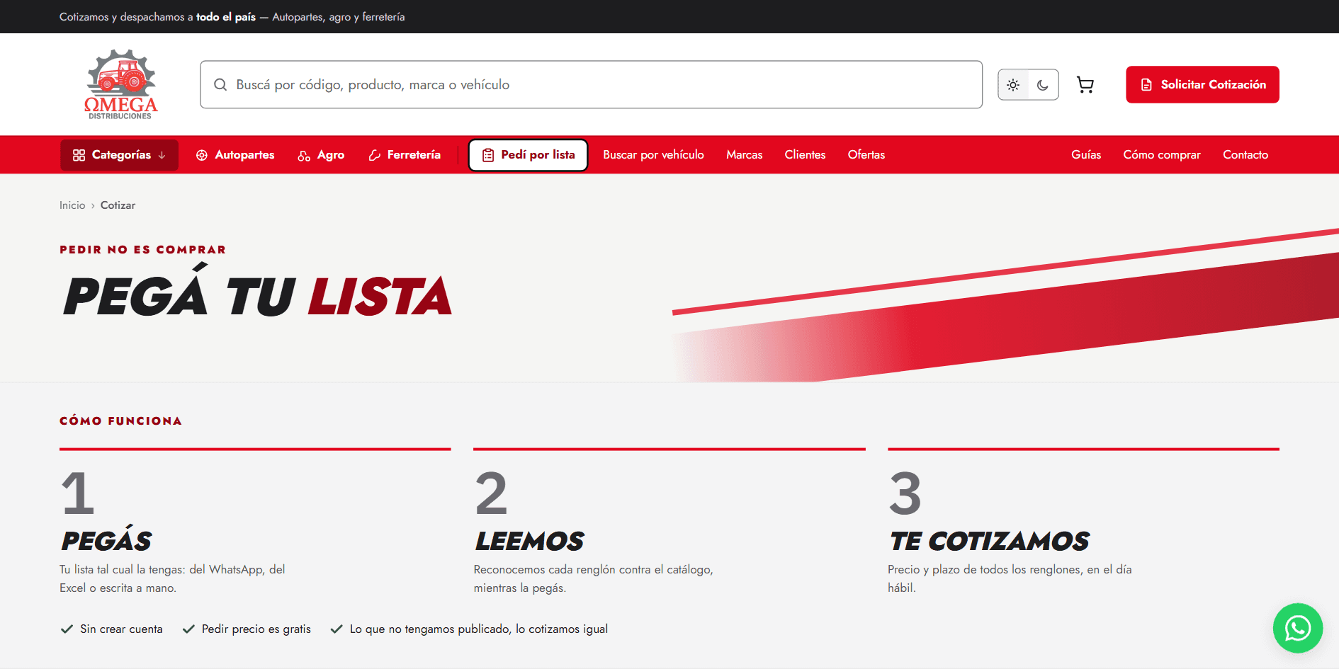 «Pegá tu lista»: el taller pega su pedido tal cual lo tiene, cada renglón se reconoce contra el catálogo mientras escribe, y la cotización llega en el día hábil.