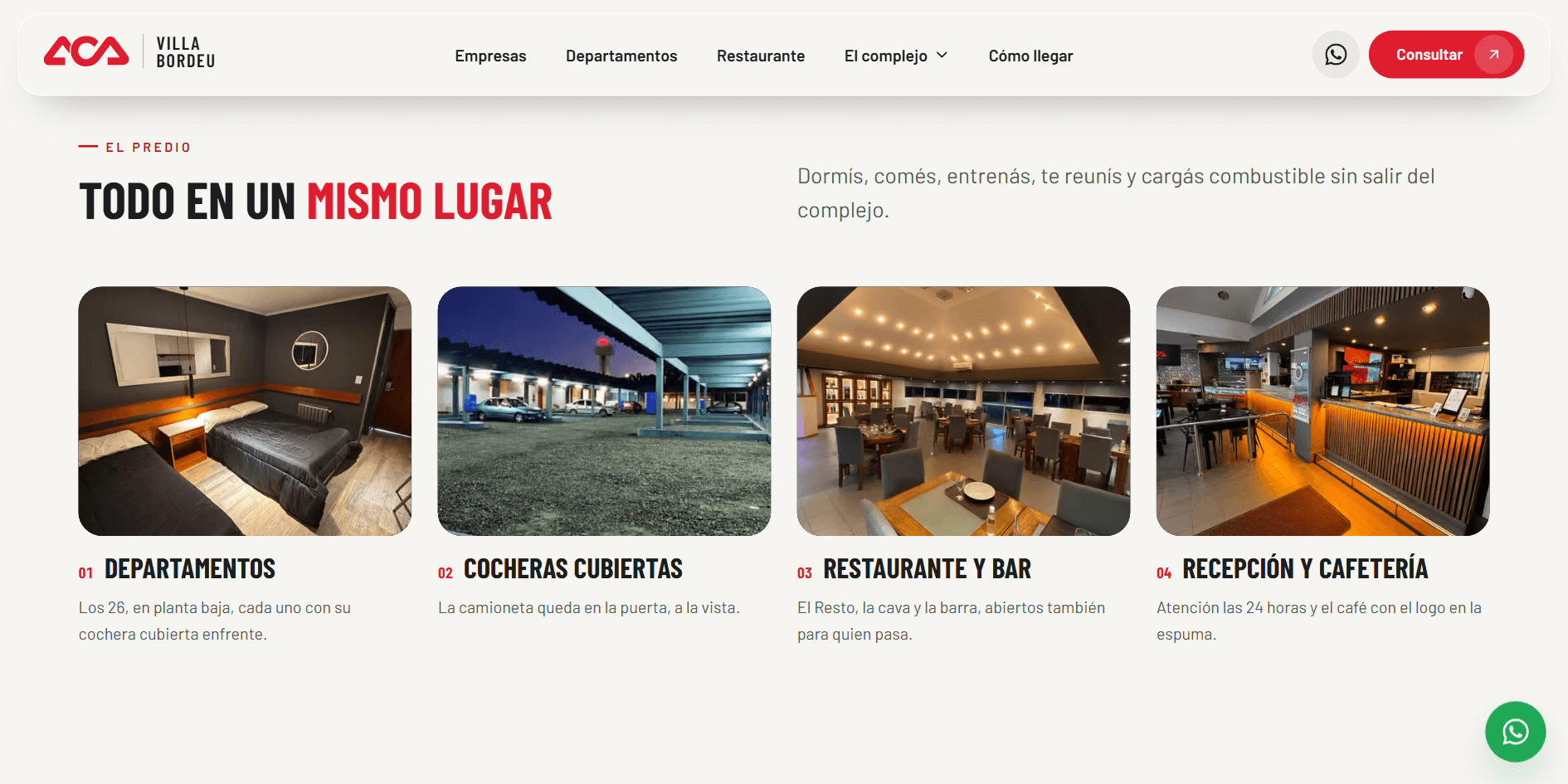 Todo en un mismo lugar: departamentos, cocheras cubiertas, restaurante y recepción, cada uno con su foto real.