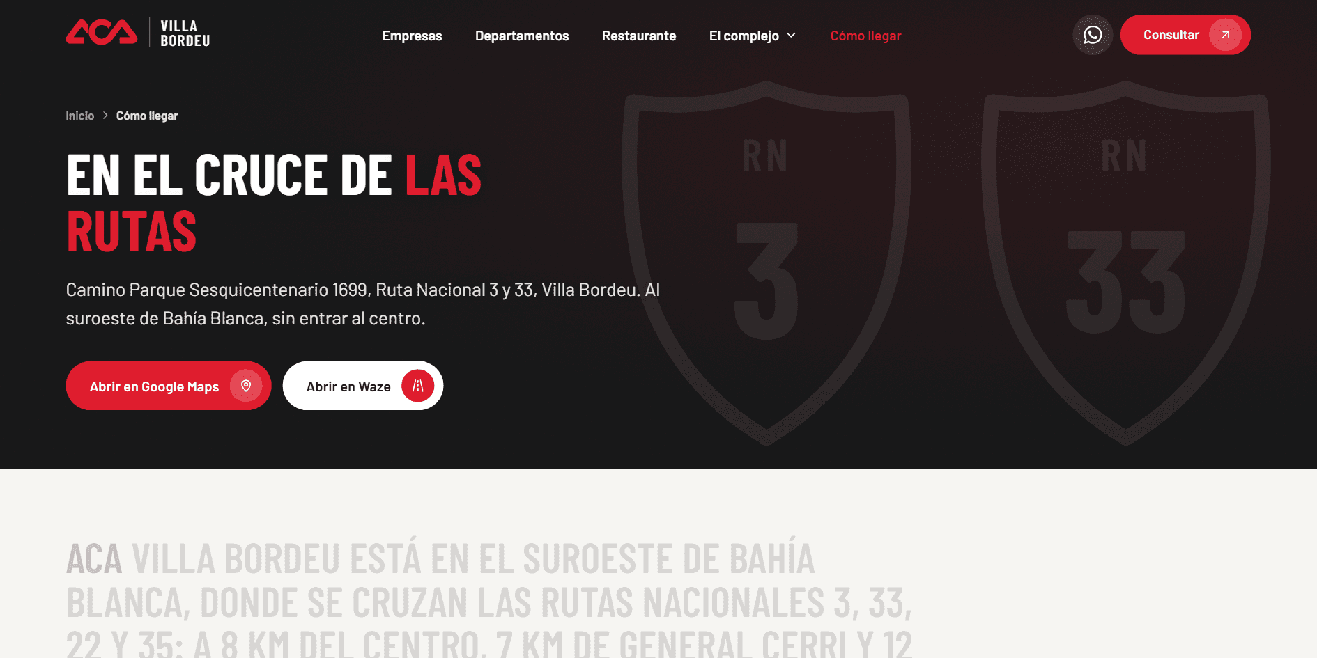Cómo llegar, con la dirección escrita igual que en la ficha de Google y botones a Google Maps y Waze.